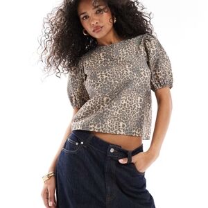 ASOS Leopard Print Puff Sleeve Top - Brown
